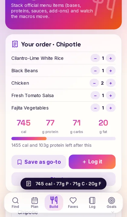 Build your order with live macro totals